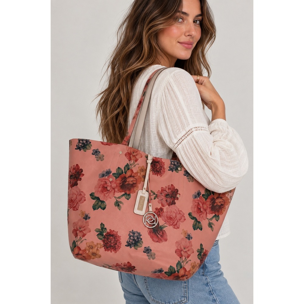 Bebe REversible Floral Tote Bag Women Large Pink Rose Print Carryall